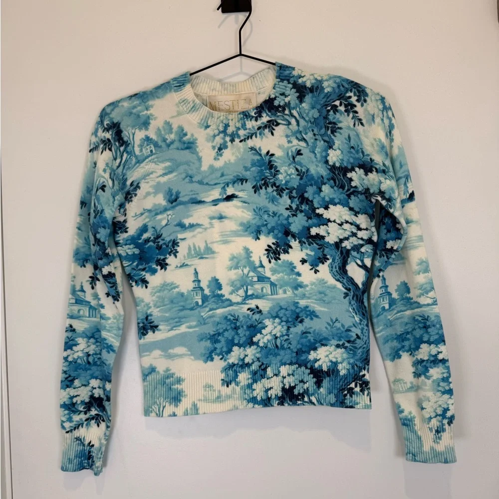 NWT Mestiza Phoebe Blue Toile Scenic Knit Sweater Storybook - Picture 2 of 11